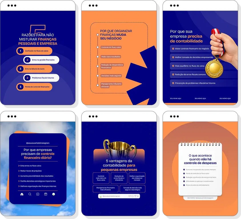 Pack de posts contabilidade com conteúdo para Instagram de planejamento tributário e finanças