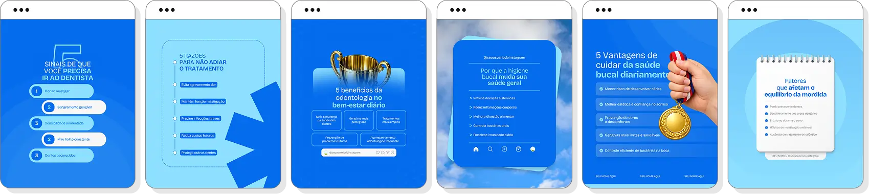 Pack social media odontologia com conteúdos para Instagram de prevenção, higiene e saúde bucal