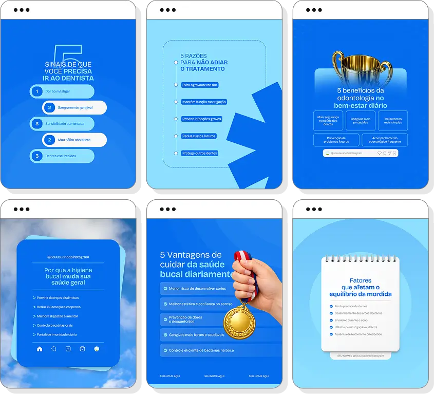 Pack de odontologia com conteúdos editáveis para Instagram de saúde bucal e cuidados dentários