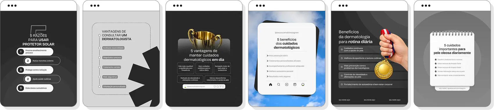 Posts para Instagram dermatologista com pack de templates Canva para saúde dermatológica