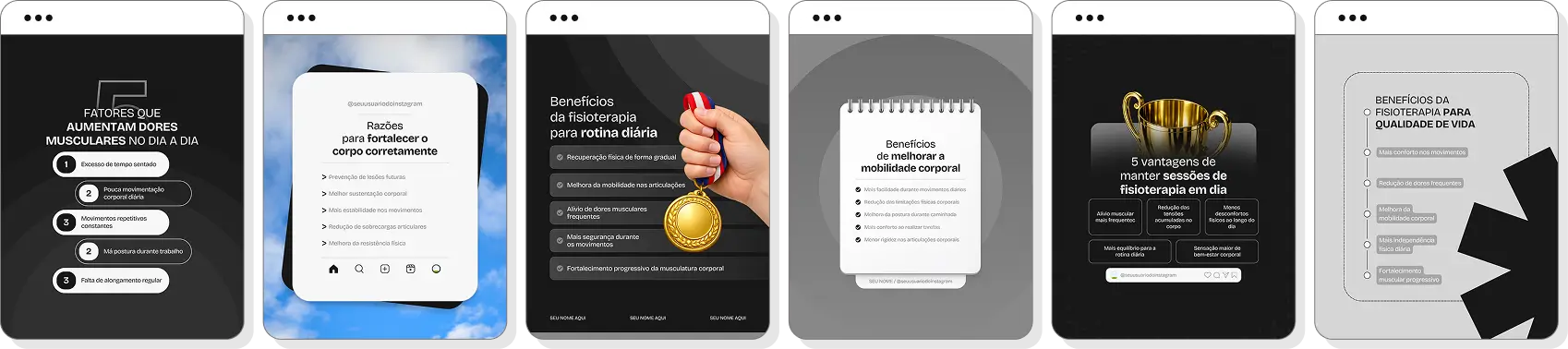 Pack de posts estilo 5 tópicos para fisioterapeutas que desejam criar conteúdos rápidos sobre reabilitação física, dores na coluna, postura, alongamentos e prevenção de lesões, mantendo um feed educativo e profissional no Instagram.