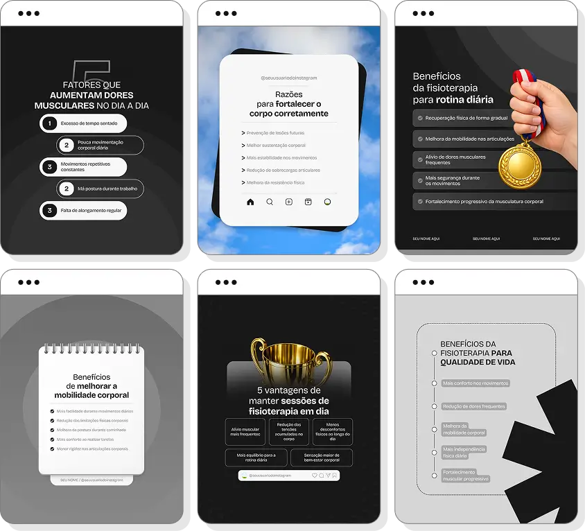 Pack de posts estilo 5 tópicos para fisioterapeutas que desejam criar conteúdos rápidos sobre reabilitação física, dores na coluna, postura, alongamentos e prevenção de lesões, mantendo um feed educativo e profissional no Instagram.