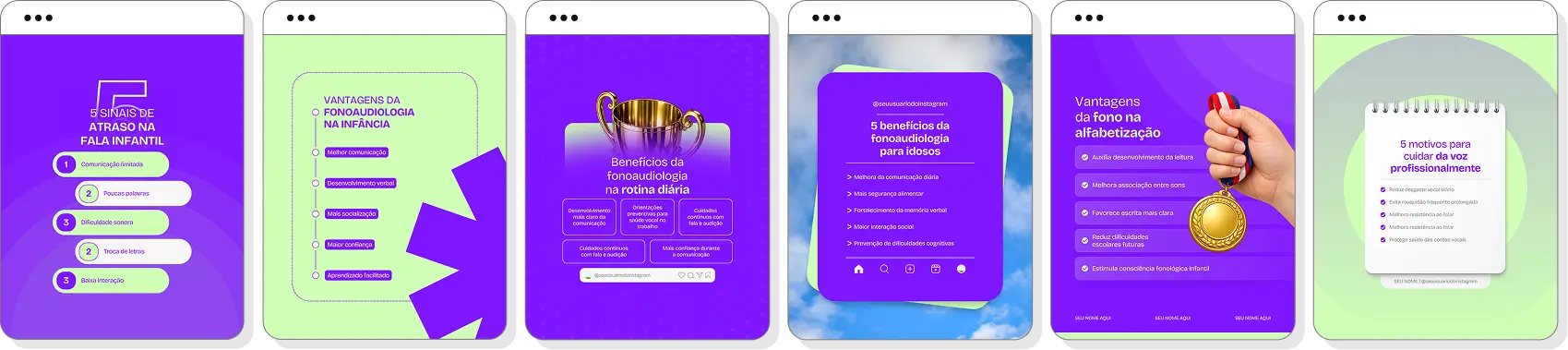 Social media para fonoaudiologia com pack de posts editáveis no Canva para Instagram profissional
