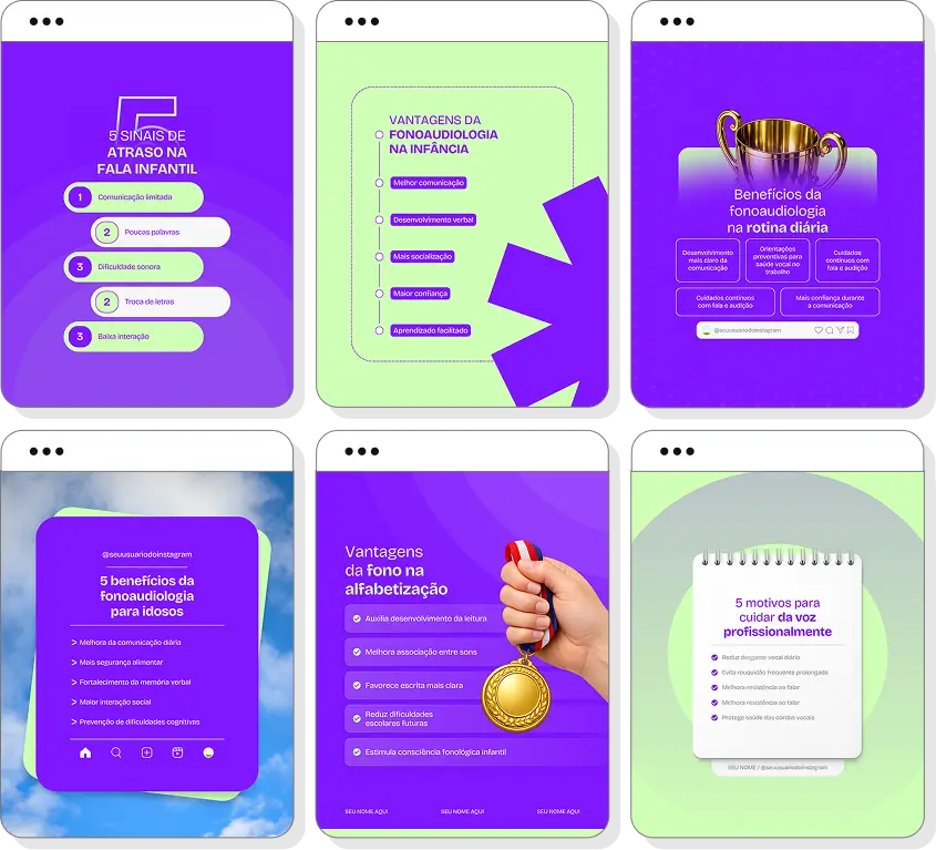 Pack Canva fonoaudiologia com posts para Instagram de terapia da fala e desenvolvimento da linguagem
