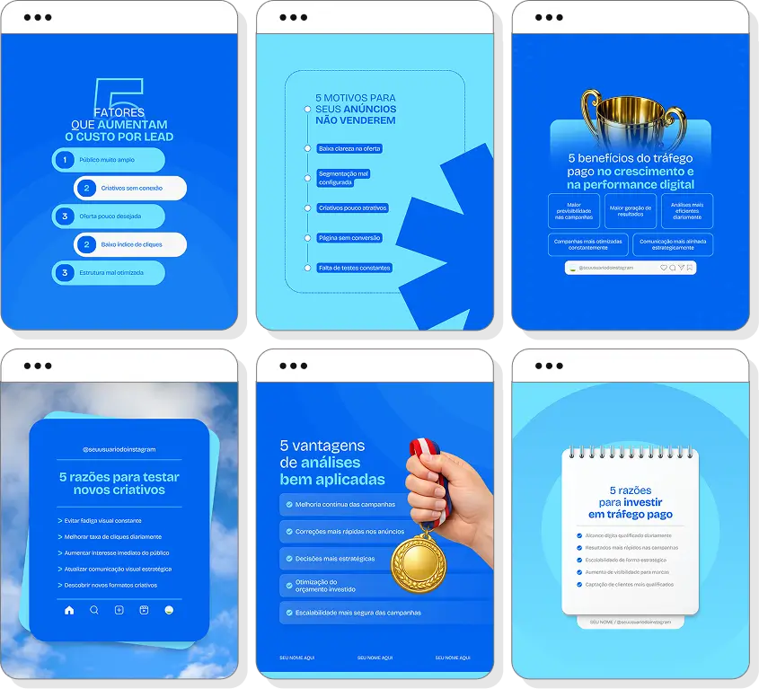 Pack de posts gestor de tráfego com conteúdo para Instagram de anúncios digitais e estratégias de marketing