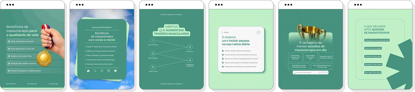 Pack de posts para Instagram massoterapia com artes editáveis sobre relaxamento e qualidade de vida