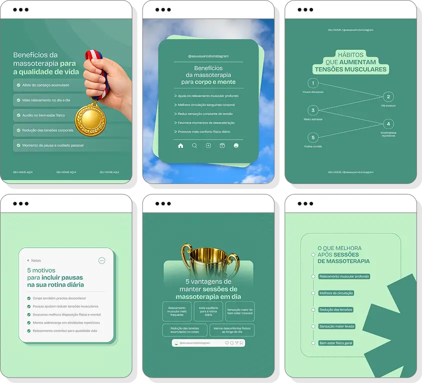 Pack de posts para massoterapia com templates no Canva para Instagram sobre bem-estar, relaxamento e qualidade de vida