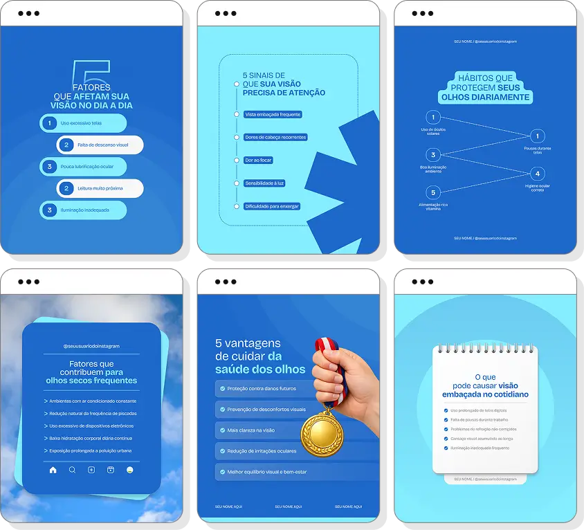 Pack de posts oftalmologia com conteúdo para Instagram de prevenção ocular e qualidade visual