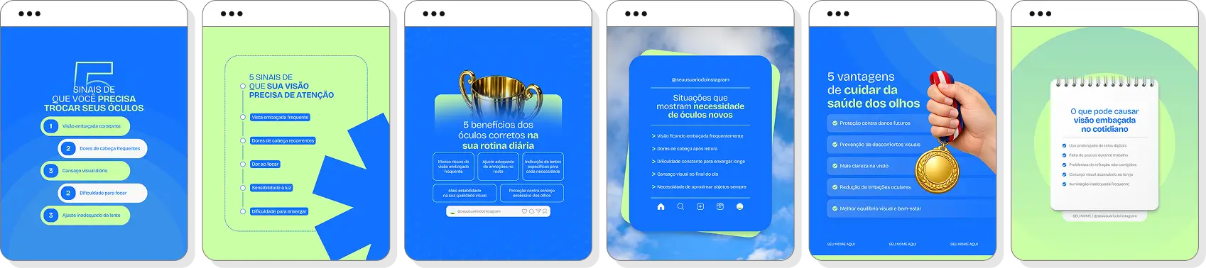 Pack social media ótica com templates para Instagram de lentes e cuidados com a visão