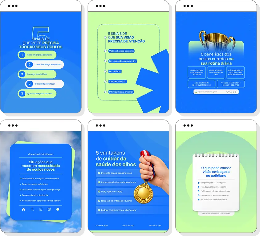 Pack de posts para ótica com ideias de conteúdo para Instagram de visão e saúde ocular