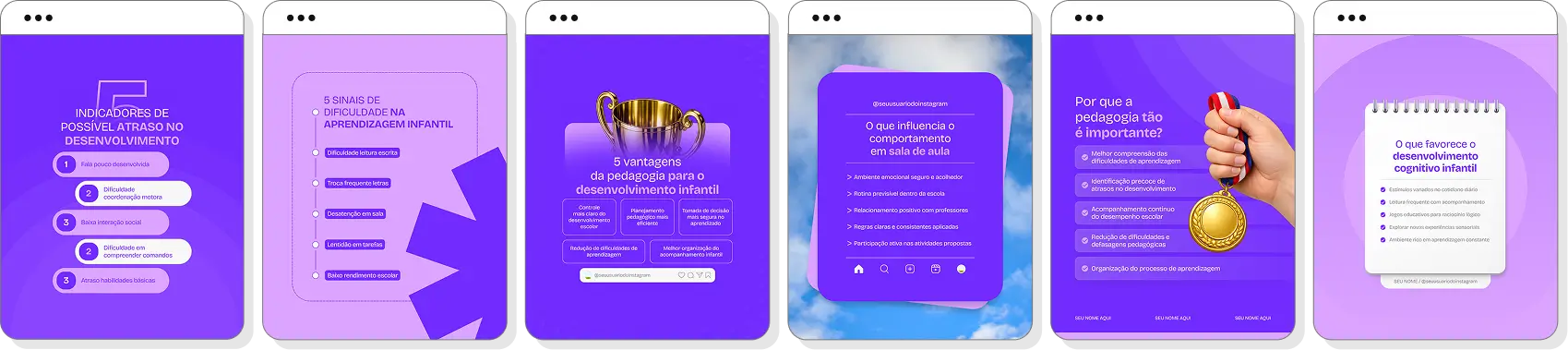 Pack Canva pedagogia com artes para Instagram de desenvolvimento infantil e aprendizagem escolar