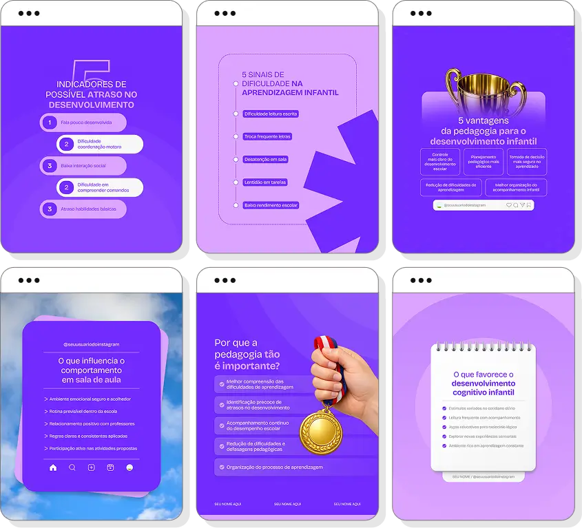 Pack social media pedagogia com templates para Instagram de educação infantil e ensino escolar