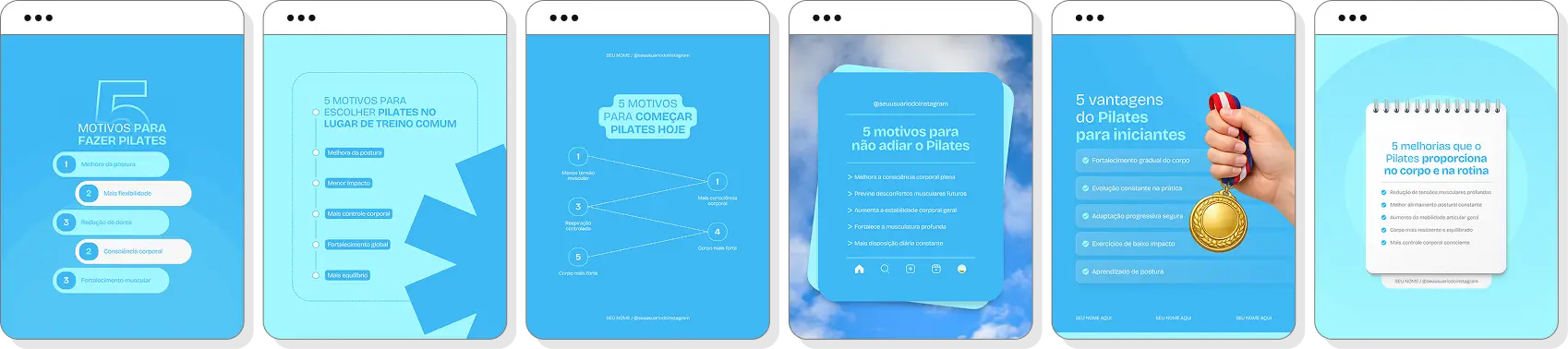 Pack de posts para pilates com templates no Canva para Instagram sobre postura, saúde e qualidade de vida