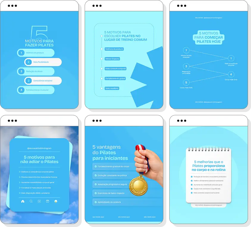 Social media pilates com pack de posts para Instagram de saúde, movimento e bem-estar corporal