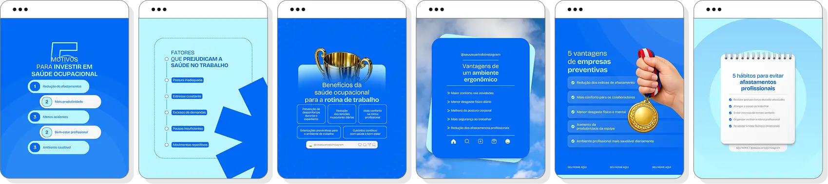 Posts para Instagram saúde ocupacional com pack de templates Canva para saúde e segurança laboral