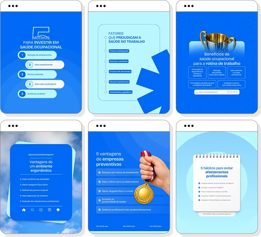 Posts para saúde ocupacional com pack de conteúdo editável no Canva para Instagram corporativo