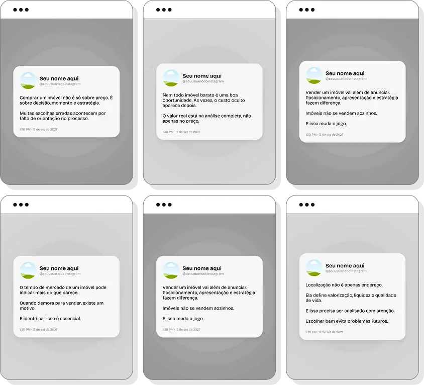 Pack de posts editáveis corretor de imóveis com foco em imóveis residenciais e mercado imobiliário atual