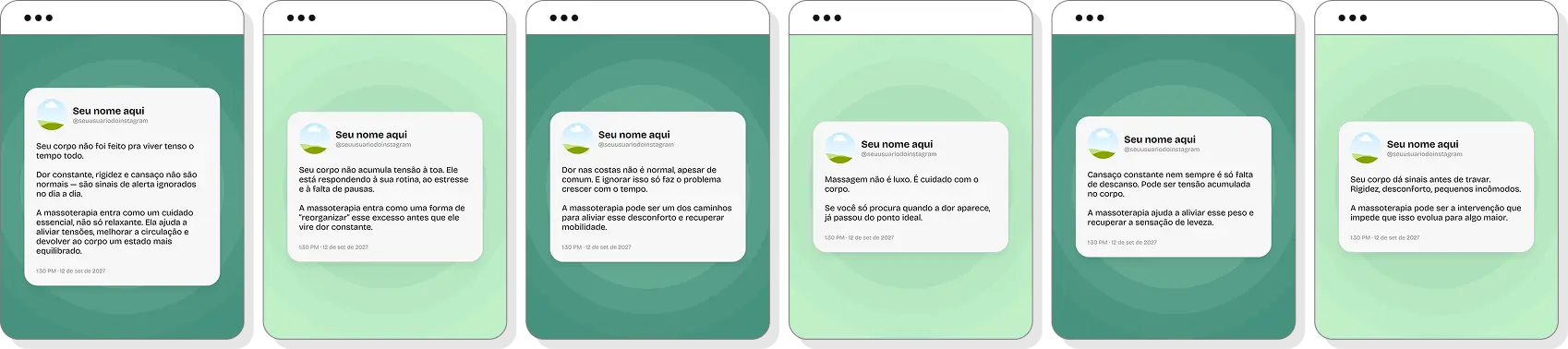 Posts para massoterapia com ideias de conteúdo para Instagram sobre relaxamento e bem-estar corporal