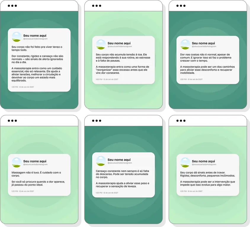 Pack Canva massoterapia com posts editáveis para Instagram de massagens terapêuticas e autocuidado