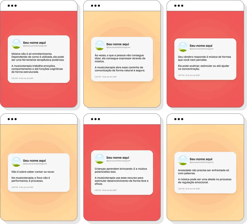 Pack de musicoterapia com conteúdos editáveis para Instagram de música e bem-estar emocional