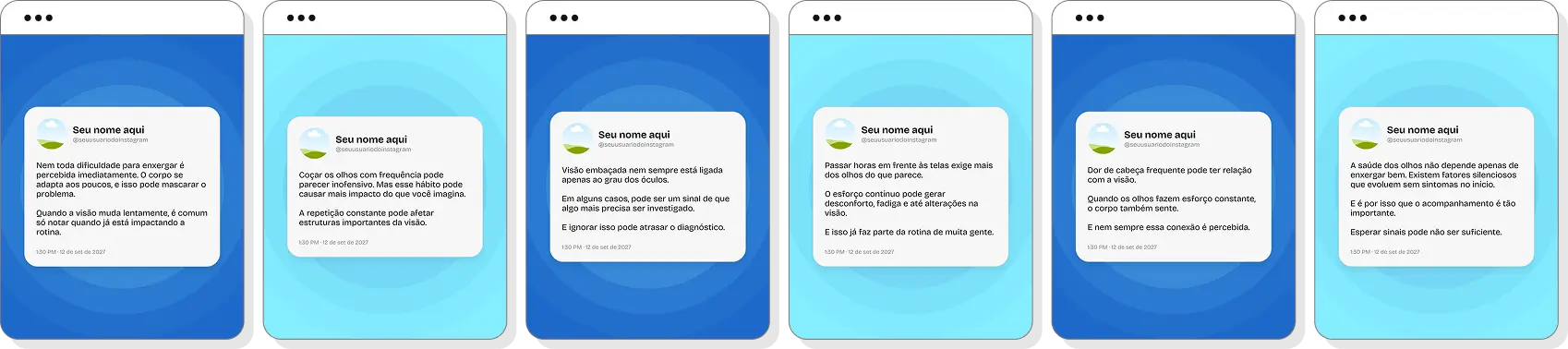 Posts para Instagram oftalmologia com pack Canva editável sobre visão e saúde dos olhos