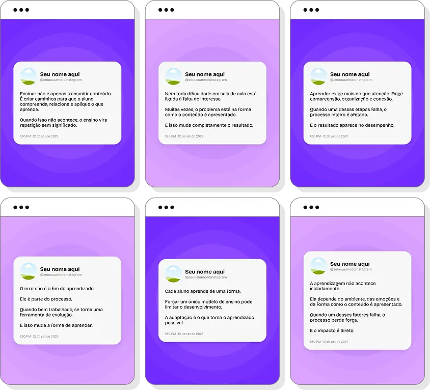 Pack de posts editáveis para Instagram pedagogia com foco em ensino e desenvolvimento infantil