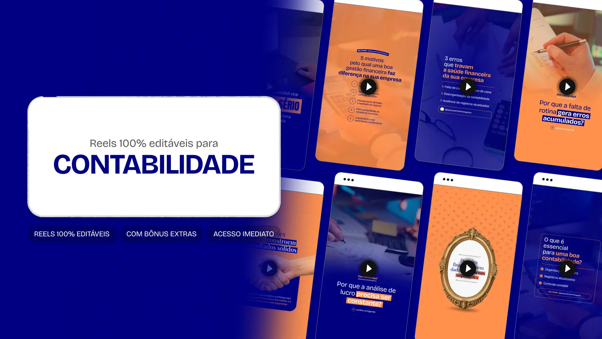 Mockup de templates de Reels para Instagram sobre Contabilidade, com destaque para as tags de conteúdo editável, bônus e acesso imediato.