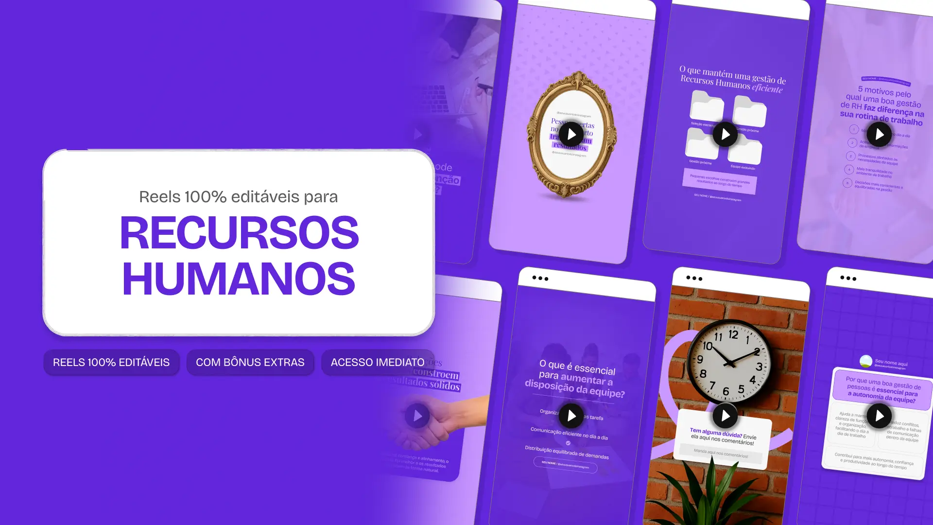 Mosaico com templates editáveis de Reels do Instagram mostrando Pack de conteúdos para Recursos Humanos. Telas verticais com dicas de conteúdo e destaque central para o texto Reels 100% editáveis.