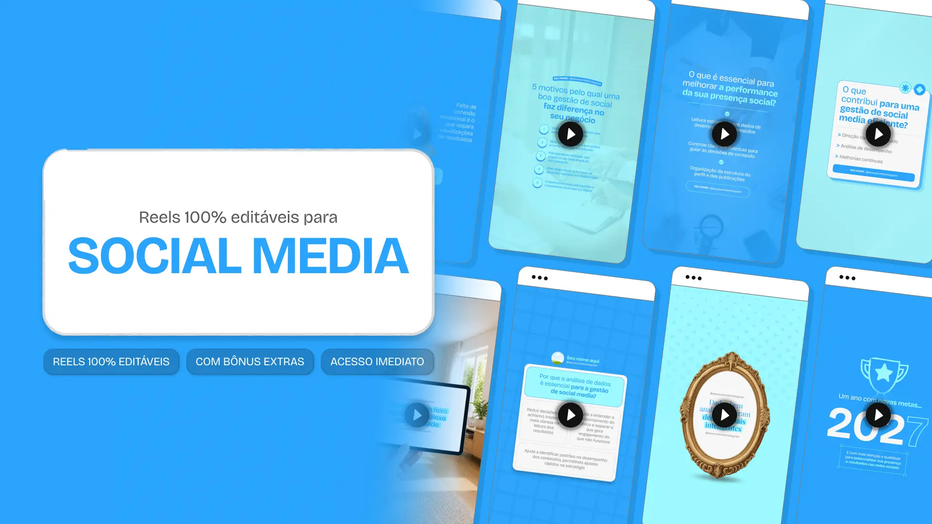 Mosaico com templates editáveis de Reels do Instagram mostrando Pack de conteúdos para Social Media. Telas verticais com dicas de conteúdo e destaque central para o texto Reels 100% editáveis.
