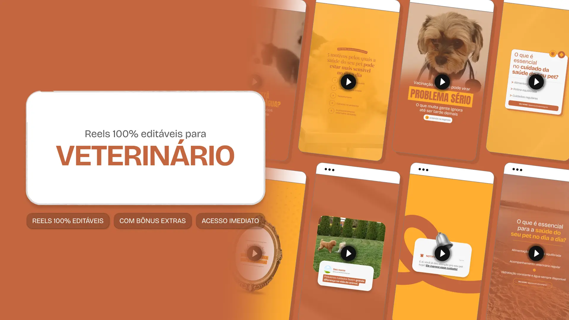 Mockup em perspectiva com templates editáveis de Reels do Instagram mostrando Pack de conteúdos para Veterinário, com destaque para as tags de conteúdo editável, bônus e acesso imediato.