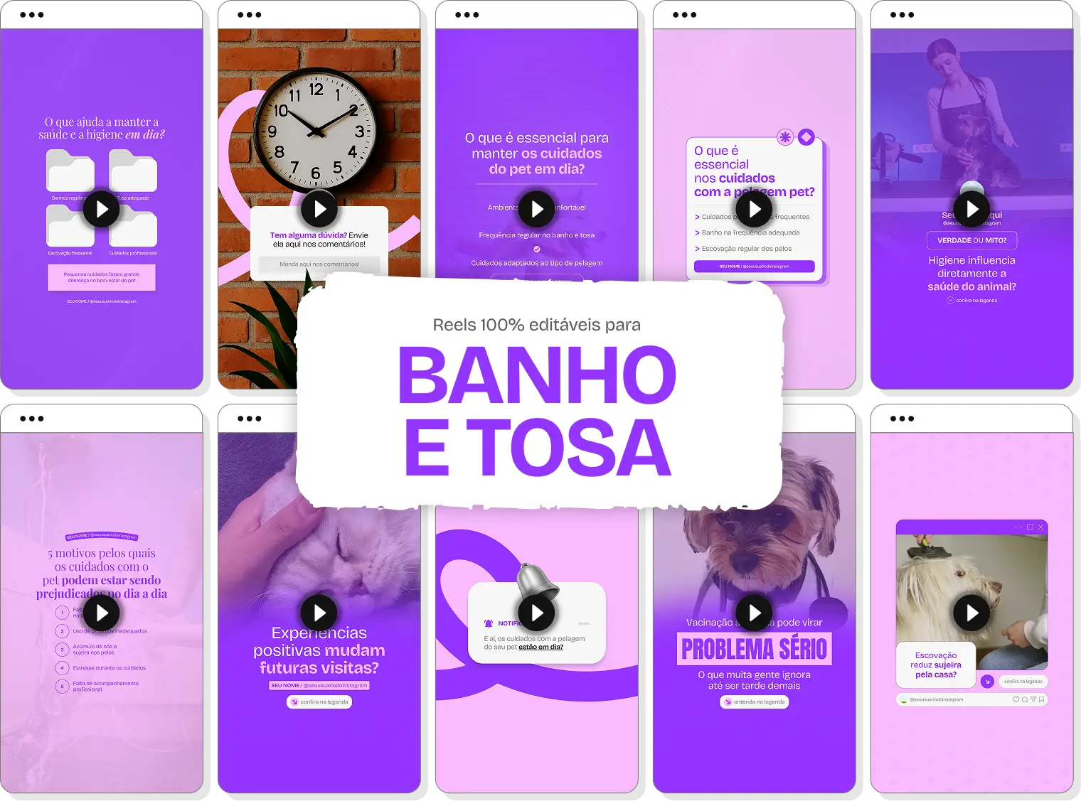 Mosaico com templates de Reels do Instagram para Banho e Tosa. Telas verticais com dicas de conteúdo e destaque central para o texto Reels 100% editáveis.