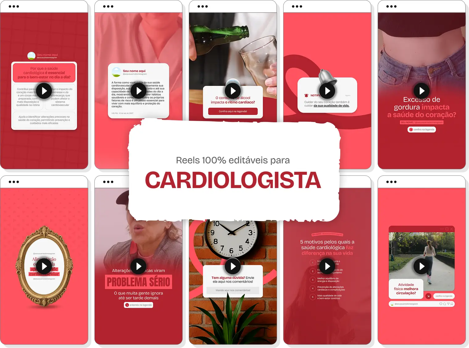 Mockup de templates de Reels para Instagram sobre Cardiologista, com destaque para as tags de conteúdo editável, bônus e acesso imediato.