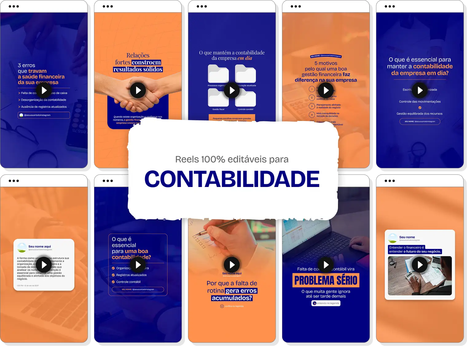 Mosaico com templates de Reels do Instagram para Contabilidade. Telas verticais com dicas de conteúdo e destaque central para o texto Reels 100% editáveis.