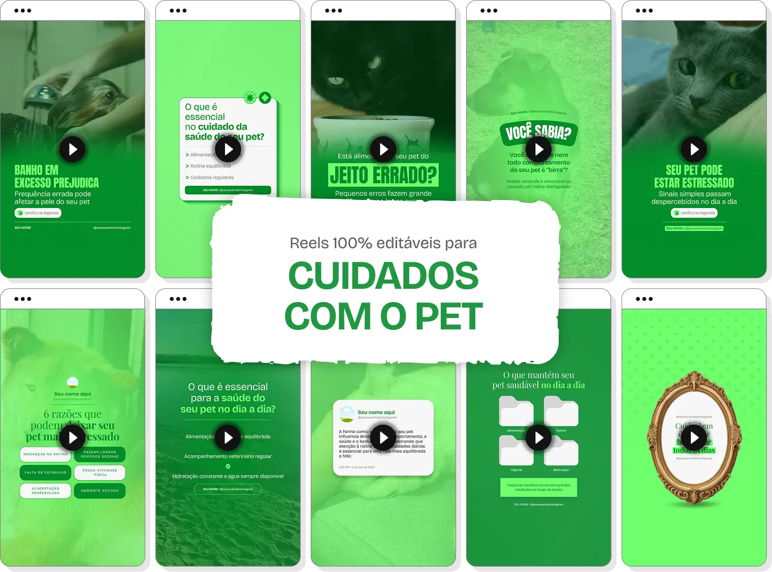 Mockup de templates de Reels para Instagram sobre Cuidados com o Pet, com destaque para as tags de conteúdo editável, bônus e acesso imediato.