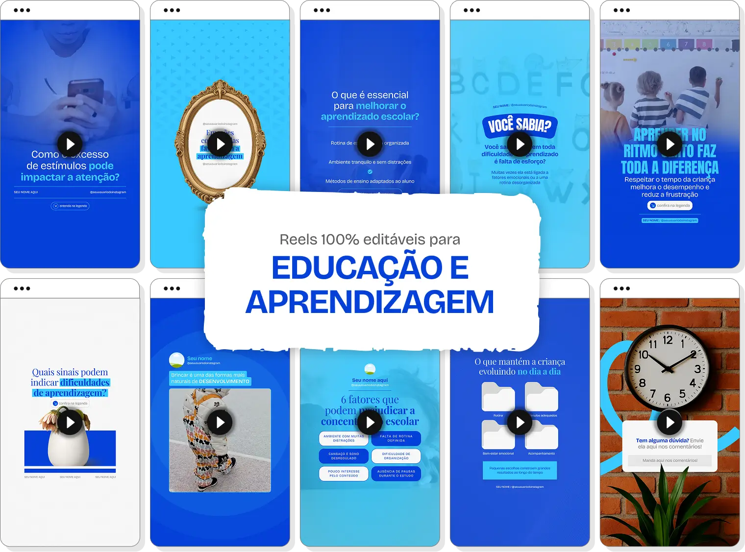 Mockup de templates de Reels para Instagram sobre Educação e Aprendizagem, com destaque para as tags de conteúdo editável, bônus e acesso imediato.
