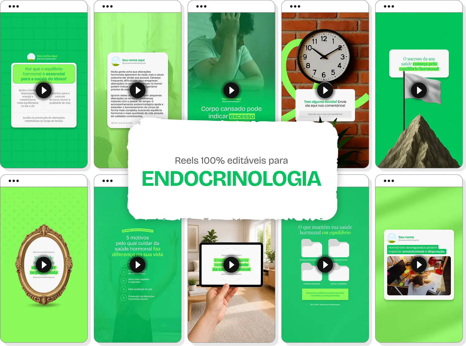 Mockup de templates de Reels para Instagram sobre Endocrinologia, com destaque para as tags de conteúdo editável, bônus e acesso imediato.