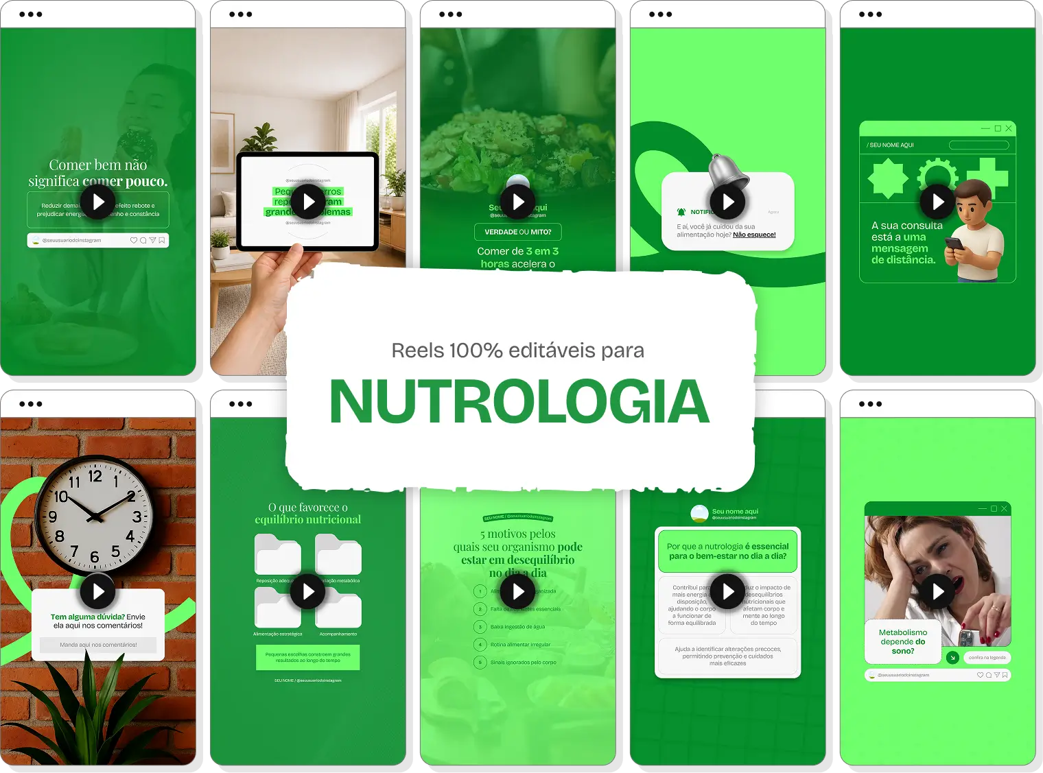 Mockup em perspectiva com templates editáveis de Reels do Instagram mostrando Pack de conteúdos para Nutrologia, com destaque para as tags de conteúdo editável, bônus e acesso imediato.