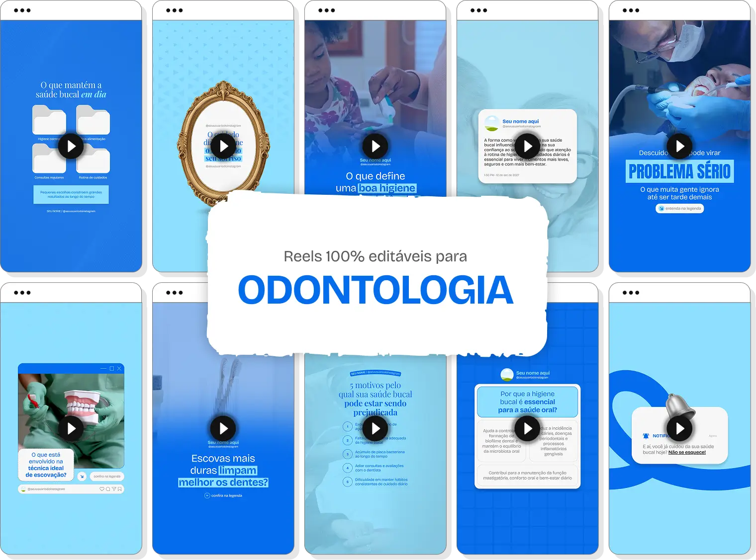 Mockup em perspectiva com templates editáveis de Reels do Instagram mostrando Pack de conteúdos para Odontologia, com destaque para as tags de conteúdo editável, bônus e acesso imediato.
