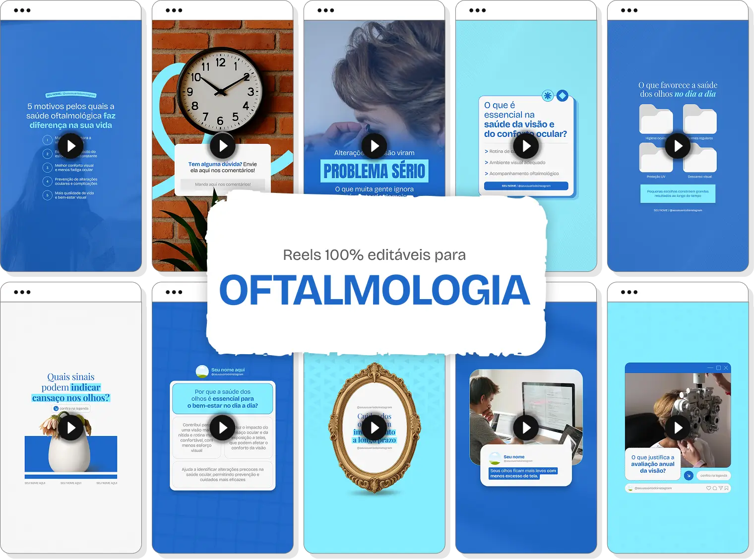 Mockup em perspectiva com templates editáveis de Reels do Instagram mostrando Pack de conteúdos para Oftalmologia, com destaque para as tags de conteúdo editável, bônus e acesso imediato.