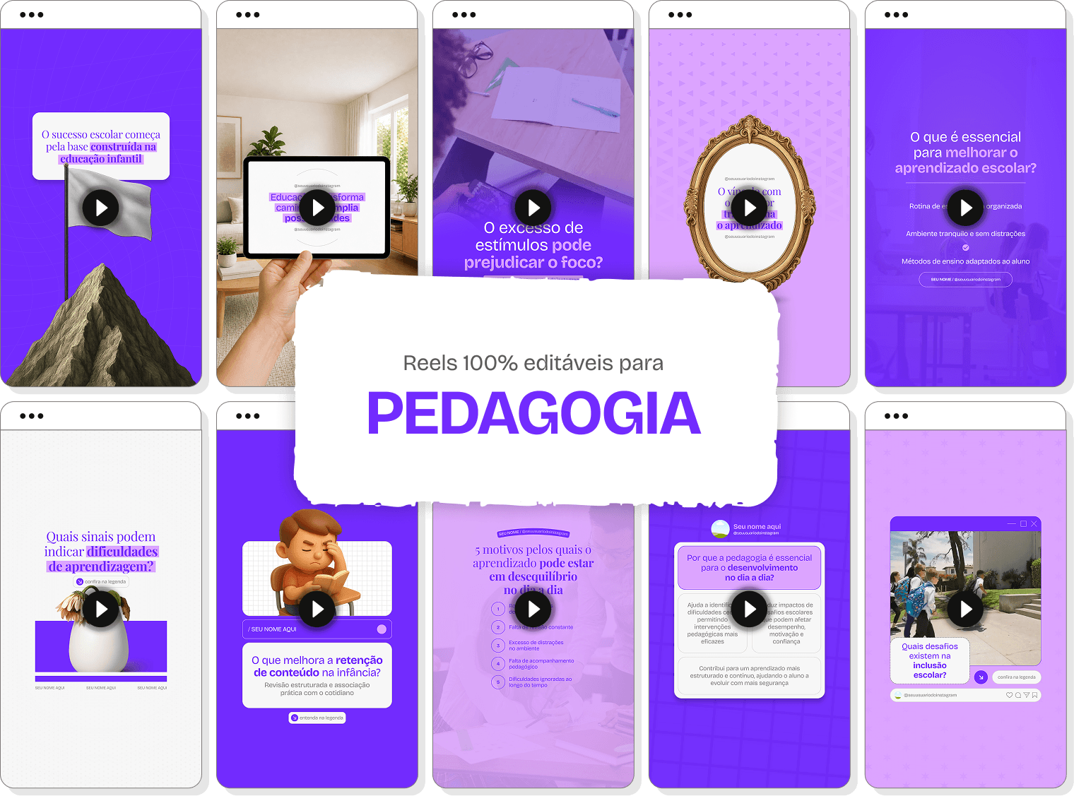 Mockup em perspectiva com templates editáveis de Reels do Instagram mostrando Pack de conteúdos para Pedagogia, com destaque para as tags de conteúdo editável, bônus e acesso imediato.