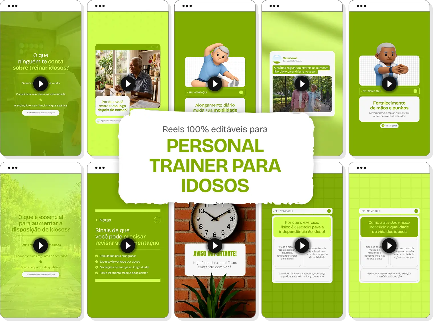 Mosaico com templates editáveis de Reels do Instagram mostrando Pack de conteúdos para Personal Trainer para Idosos. Telas verticais com dicas de exercício funcional e longevidade com destaque central para o texto Reels 100% editáveis.