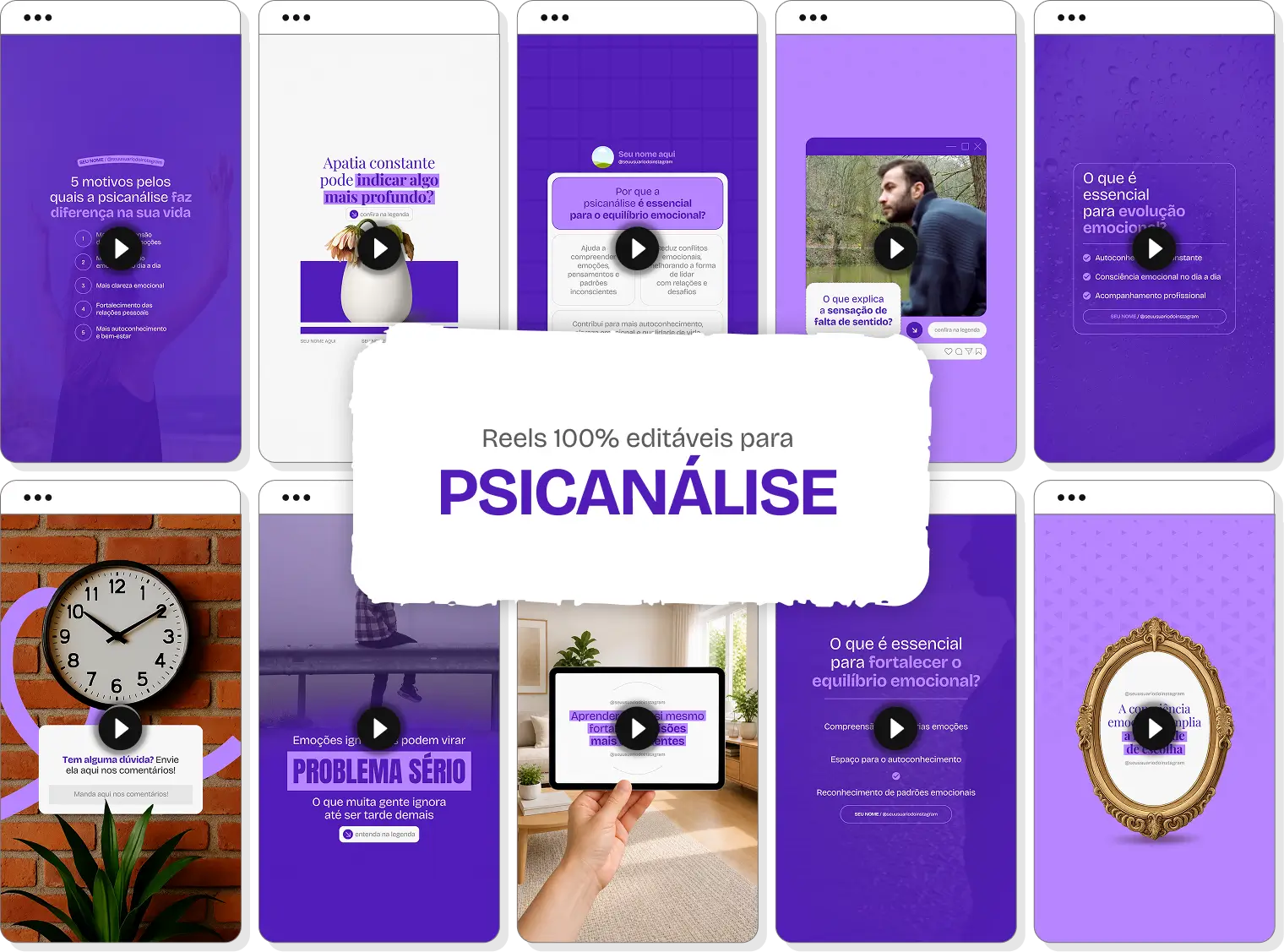Mockup em perspectiva com templates editáveis de Reels do Instagram mostrando Pack de conteúdos para Psicanálise, com destaque para as tags de conteúdo editável, bônus e acesso imediato.