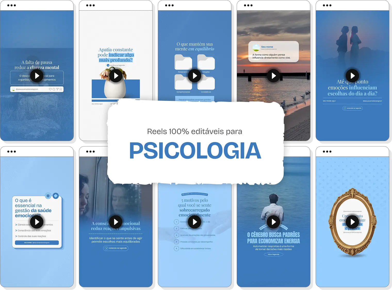 Mockup em perspectiva com templates editáveis de Reels do Instagram mostrando Pack de conteúdos para Psicologia, com destaque para as tags de conteúdo editável, bônus e acesso imediato.