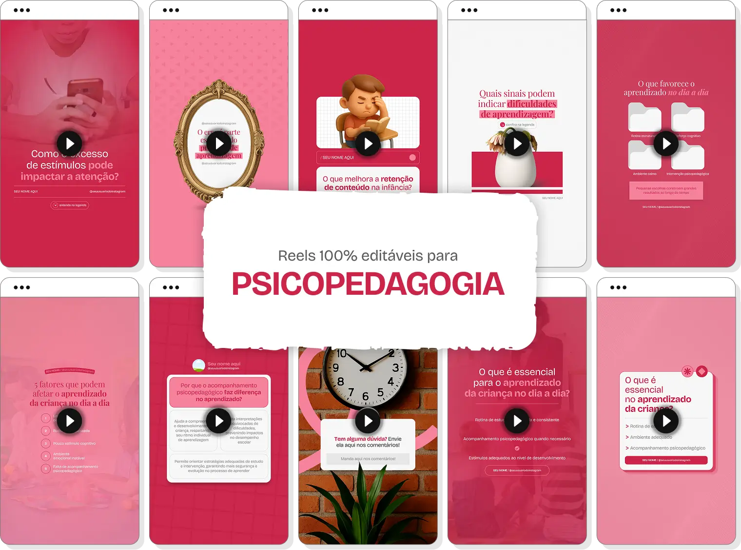 Mockup em perspectiva com templates editáveis de Reels do Instagram mostrando Pack de conteúdos para Psicopedagogia, com destaque para as tags de conteúdo editável, bônus e acesso imediato.