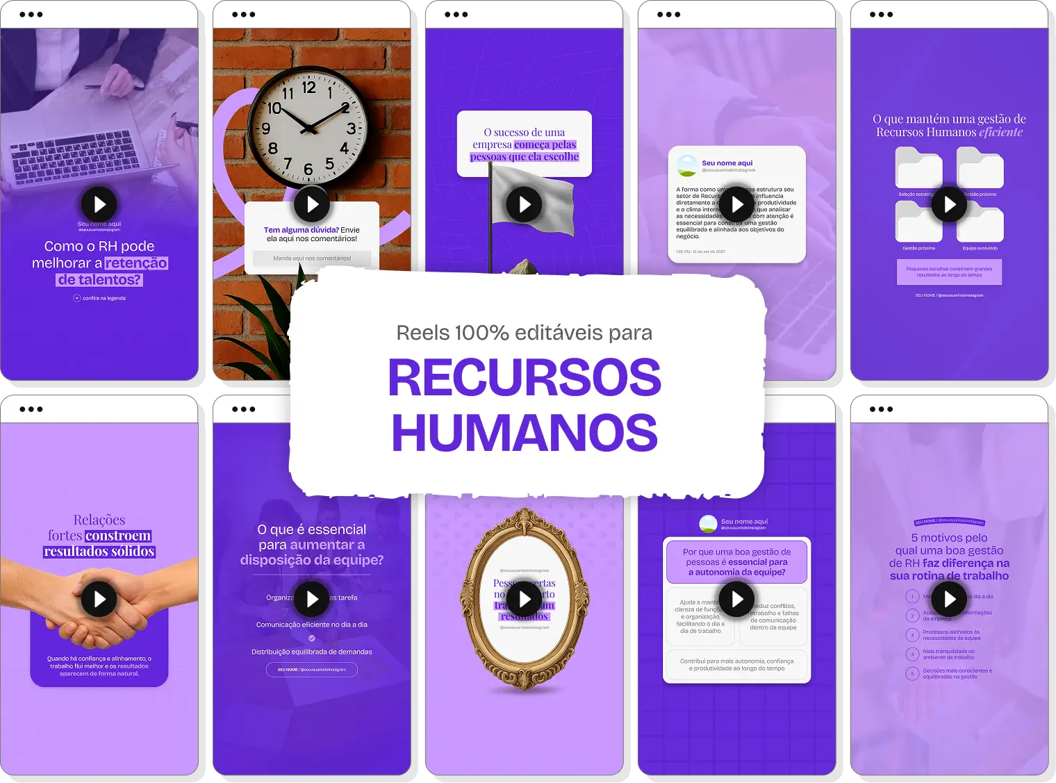 Mockup em perspectiva com templates editáveis de Reels do Instagram mostrando Pack de conteúdos para Recursos Humanos, com destaque para as tags de conteúdo editável, bônus e acesso imediato.