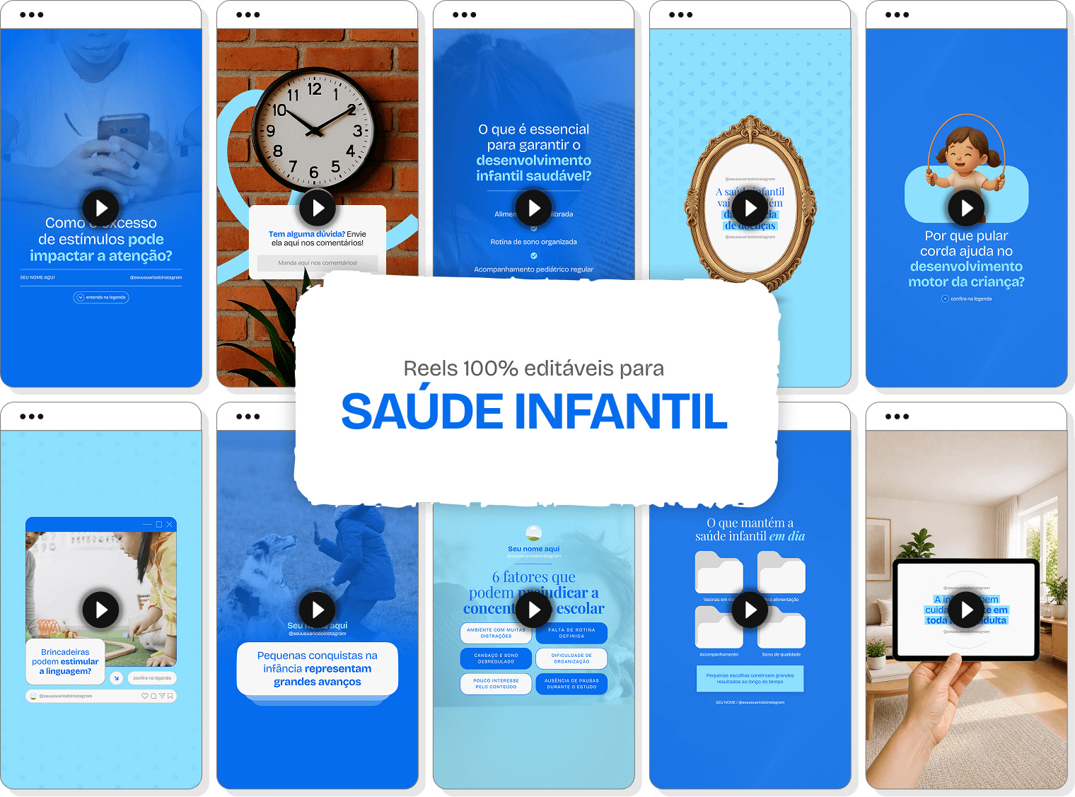 Mockup em perspectiva com templates editáveis de Reels do Instagram mostrando Pack de conteúdos para Saúde Infantil, com destaque para as tags de conteúdo editável, bônus e acesso imediato.