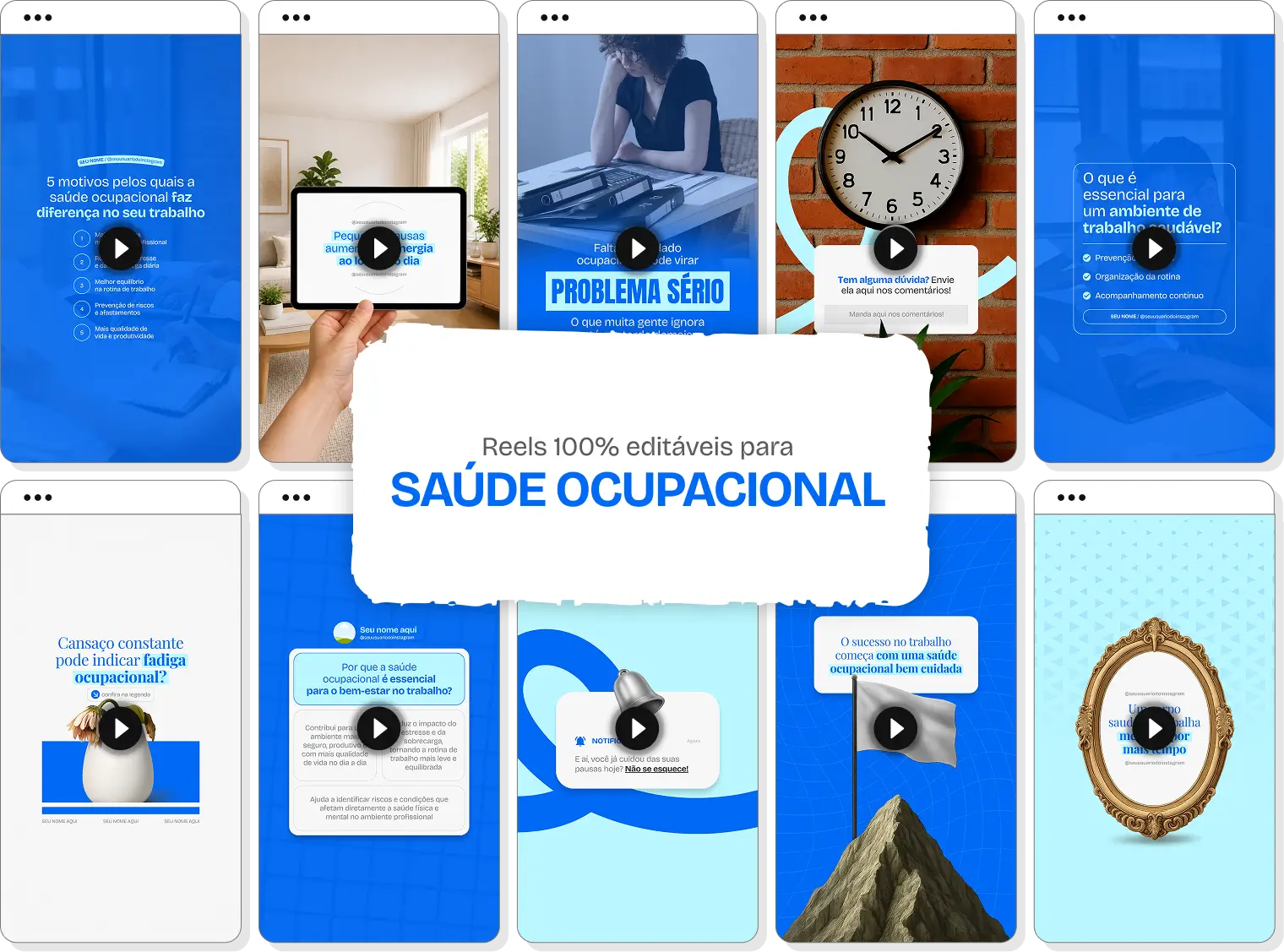Mockup em perspectiva com templates editáveis de Reels do Instagram mostrando Pack de conteúdos para Saúde Ocupacional, com destaque para as tags de conteúdo editável, bônus e acesso imediato.