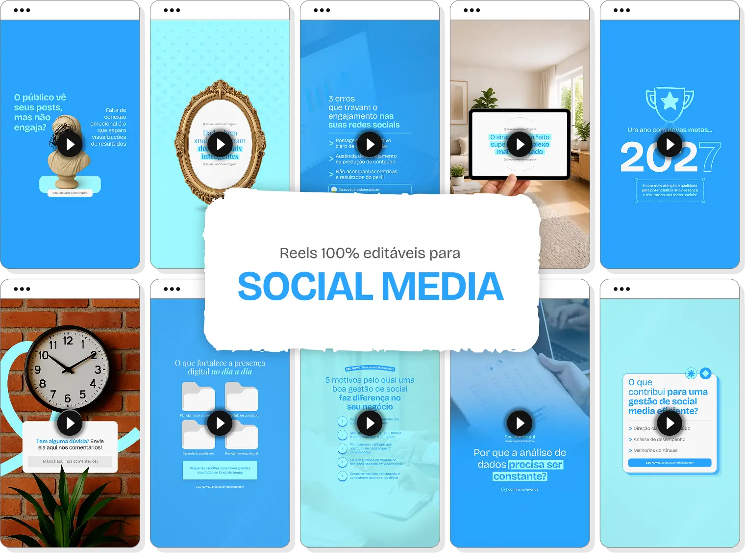 Mockup em perspectiva com templates editáveis de Reels do Instagram mostrando Pack de conteúdos para Social Media, com destaque para as tags de conteúdo editável, bônus e acesso imediato.
