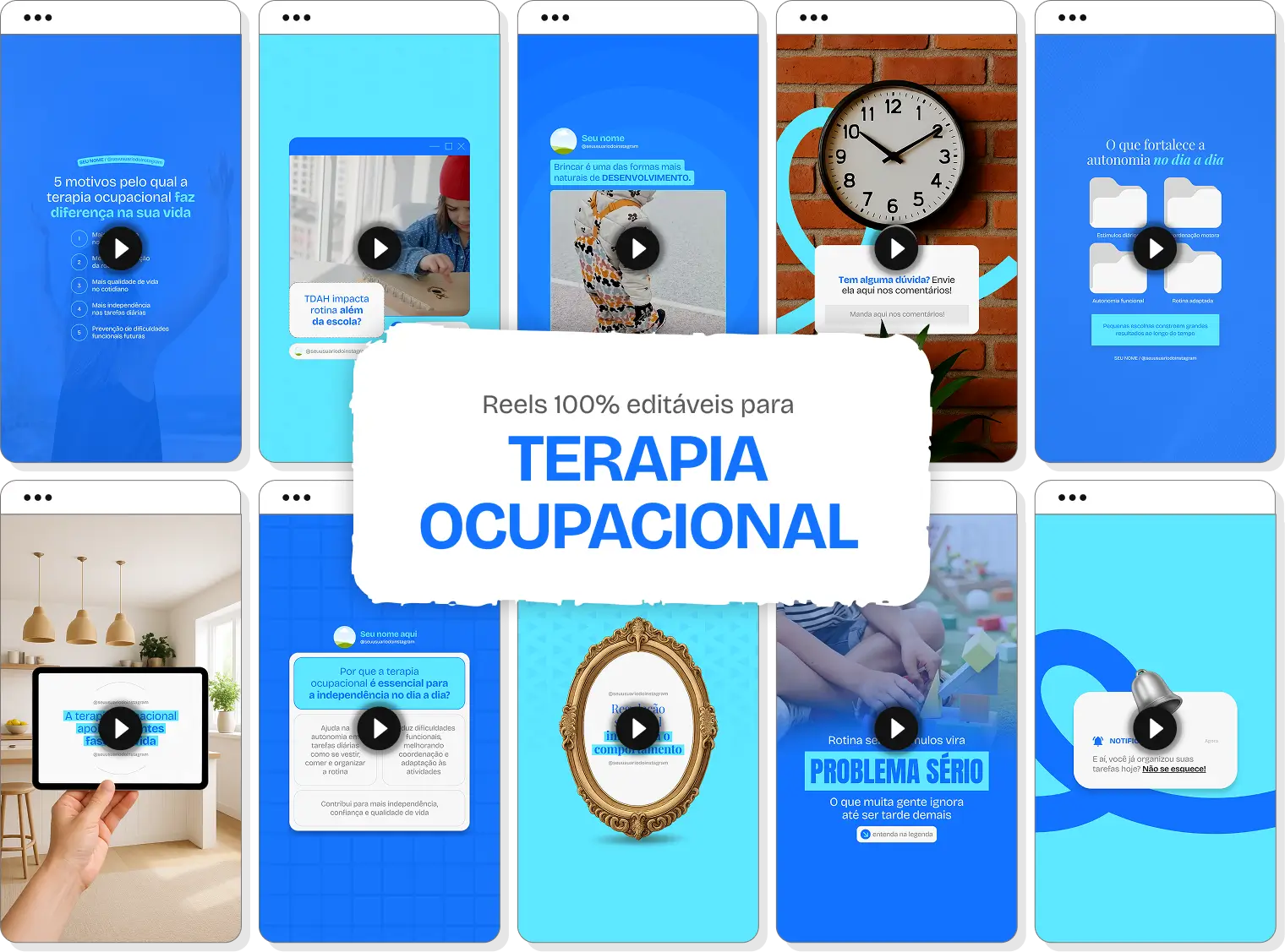 Mockup em perspectiva com templates editáveis de Reels do Instagram mostrando Pack de conteúdos para Terapia Ocupacional, com destaque para as tags de conteúdo editável, bônus e acesso imediato.