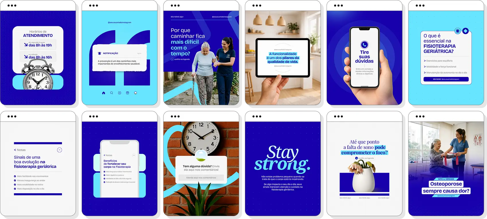 Ideias de post para fisioterapia geriátrica com pack de conteúdo para Instagram de idosos e reabilitação